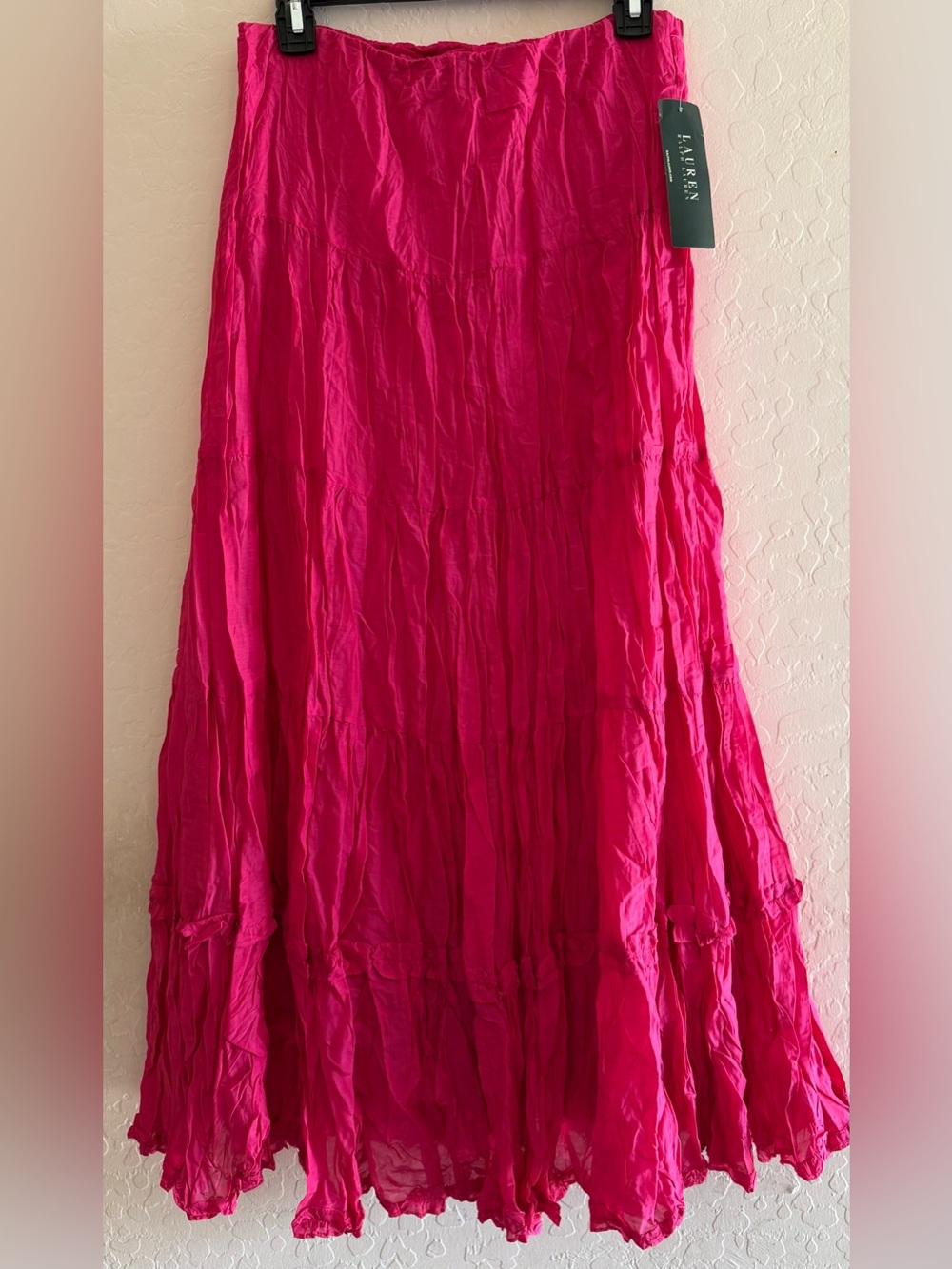 Lauren Ralph Lauren, small, hot pink crinkle tiered skirt - cotton/ silk blend